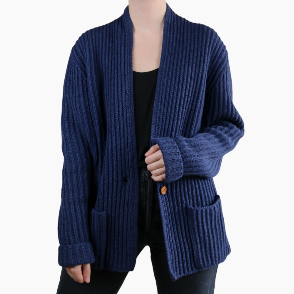 Vintage | Susan Bristol 100% Wool Cardigan Ribbed Knit Blue